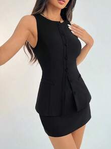 PETITE Conjunto de blazer y falda con botones delanteros sólidos para mujer de negocios para el verano, ropa sexy de oficina, estilo "sirena de oficina", conjunto de dos piezas de estilo "dinero viejo" para atuendos de maestras en otoño/invierno - Negro - Ver 6