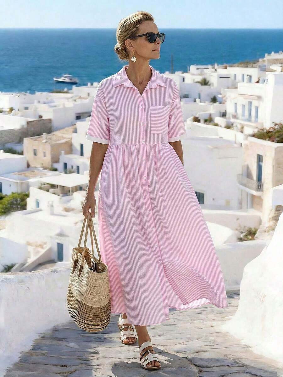 Holidaya Vestido casual de mujer con bolsillo, cuello de solapa y rayas, para verano - Rosa - Ver 1