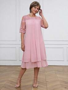 Medorina Vestido de mujer con cuello redondo, manga corta, volantes en el bajo y encaje en contraste, conjunto de verano para vacaciones para mujer en primavera y verano - Rosa - Ver 8
