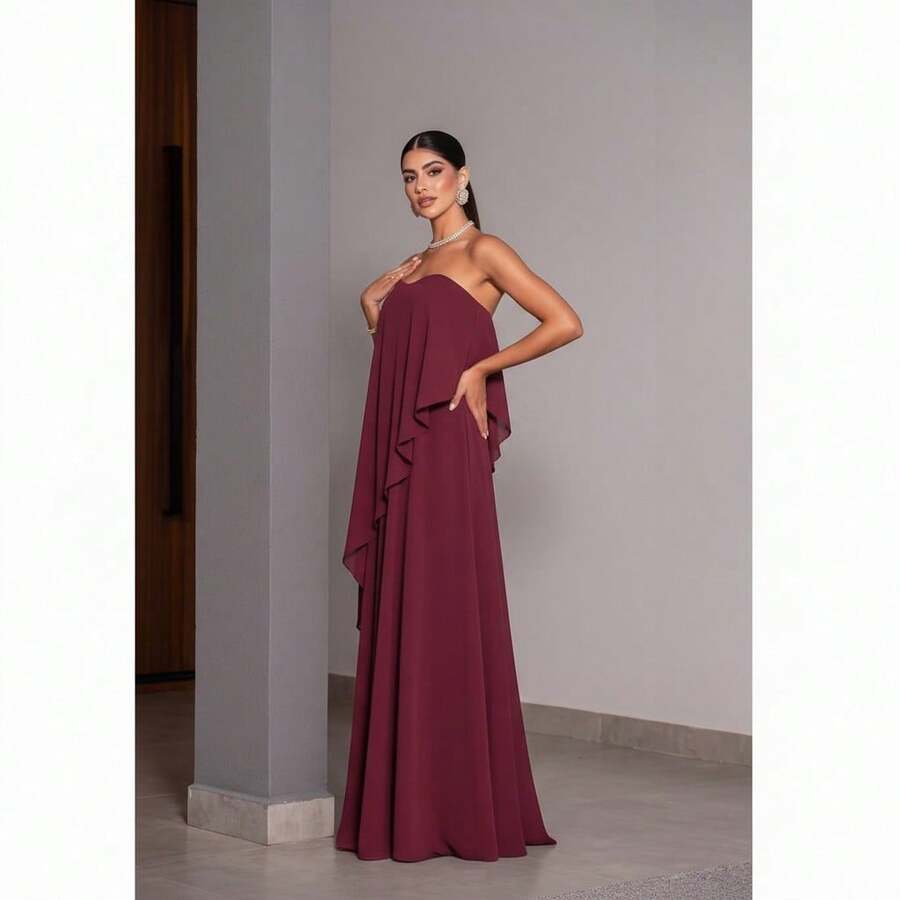 Vestido longo de festa casamento de dia convidada elegante tomara que caia madrinha - Marsala - Visão 1