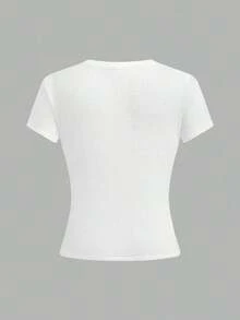 Camiseta casual de mujer de cuello redondo y manga corta con estampado floral - Blanco 2 - Ver 2