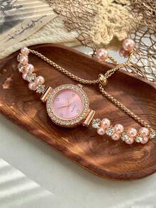 1pc Teen Girl Pearl & Rhinestone Decor Quartz Watch, No Gift Box, 1pc, Adjustable Bracelet Band, Perfect For Back To School, Summer Vacation And Daily Wear - Multicolor - View 3