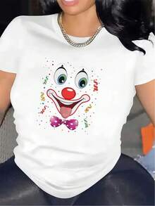 100% Cotton T-Shirt With Adorable Clown Design | Lightweight And Durable, Ideal For Festive Gatherings, Comfortable Fit, T-Shirt With Fun And Vibrant Prints, Suitable For Casual Activities, Round Neck, Medium Elasticity Fabric, Casual Daily Wear. - 白色 - 查看 1