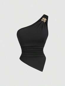 Blusa de unicolor minimalista con cuello asimétrico y hebilla de metal para mujer - Multicolor 7 - Ver 5