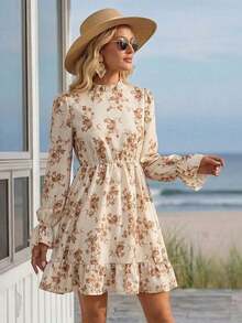 Vestido corto casual de manga larga con cuello alto y estampado floral para mujer - Multicolor 2 - Ver 4
