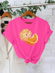 Plus Size, Summer Novelty, Women's Fashion Casual T-Shirt With Orange Slice And Pulp Print, Stylish Women's Clothing - 黑色 - 查看 8