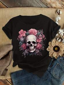 [Plus Size Floral Top] Elegant Plus Size Women's Clothing - Soft, Stretchy, Machine Washable Top With Pink Skull And Flower Print, Loose Fit, Short Sleeves, Perfect For Parties - 白色 - 查看 6