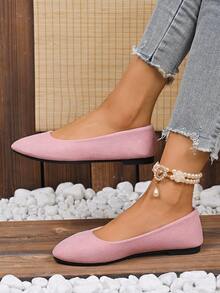 Women's Suede Flat Shoes, Solid Color Pointed Toe Low Heel Slip-On Boat Shoes, Candy Color Round Toe Cloth Shoes, Versatile Flat Shoes - Pink - View 4