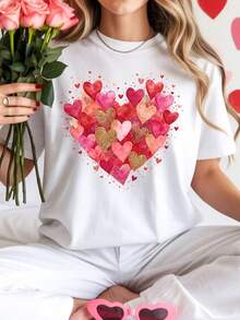 Sweetheart T-Shirt, Valentine's Day Gift, XOXO Sweatshirt, Love Heart Hoodie. Unisex 220g Pure Cotton T-Shirt. Ideal Weight For All Seasons, Suitable For Both Men And Women. Durable, High-Quality Fabric, Soft To The Touch And Long-Lasting. Breathable Top. Suitable For Women In Spring And Summer, Holidays, Mother's Day, And Independence Day. - 白色 - 查看 1