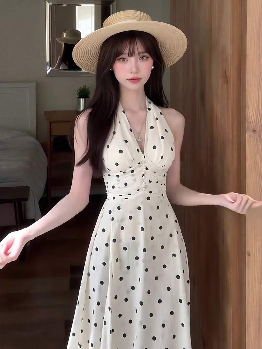 [Y6Y]波點印花V領掛脖露背長洋裝，夏季女款海灘休閒度假優雅沙灘洋裝 - 杏色 - 查看 1