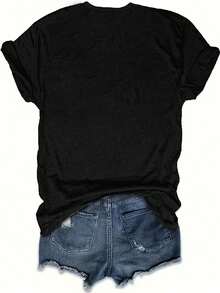 Camiseta de Moda para Mujer de Diseño Simple y Versátil, Camiseta con Estampado y Cuello Redondo, Camiseta Casual de Manga Corta y Cuello Redondo para Mujer, Camiseta de Algodón - Negro - Ver 2