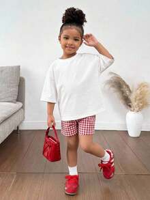 Conjunto de 2 piezas para niñas: Camiseta de manga corta con estampado de lazo de fresa y pantalones anchos de tela a cuadros, verano - Negro - Ver 11