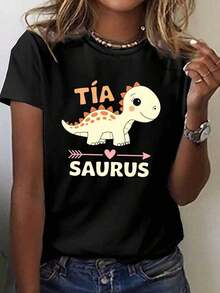 Minimalist Women's Casual T-Shirt With Round Neck And Fun Aunt Saurus Dinosaur Design, Short Sleeve, Lightweight Blend, For Spring And Summer, Casual Summer Wear, Comfortable Graphic T-Shirt - 黑色 - 查看 10