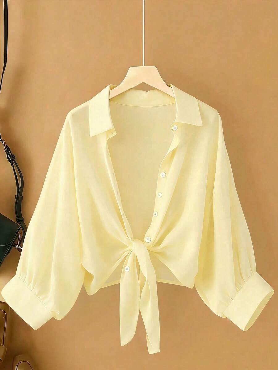 Nueva blusa informal de mujer de gasa de unicolor con mangas de murciélago cortas - Amarillo - Ver 1