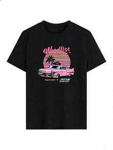 Pink Classic Car And Sunset Palm Tree T-Shirt, Fashionable Short-Sleeved T-Shirt For Spring And Summer 2026, Made In Mexico, 180 Grams. Cartoon Print, Couple Design, Suitable For Indoor Or Outdoor Wear. Crew Neck, Unisex, Ideal For Office And Leisure. One-Pack. - BK-P631577SLNDXZGY502 - 查看 3