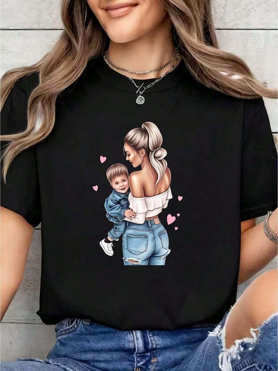 Women's T-Shirts, Mother's Day T-Shirt, Casual Printed T-Shirt For Women, Limited Edition For Mother's Day, Denim Style Printed T-Shirt For Mother And Daughter - Spring/Summer, Soft And Breathable, Short Sleeve, Crew Neck, Casual Style, Machine Washable, Regular Fit, Machine Washable, A Gift For Mom, Suitable For Daily Wear, Outdoor Activities, Casual And Holiday Occasions. Mother's Day T-Shirt - 黑色 - 查看 1