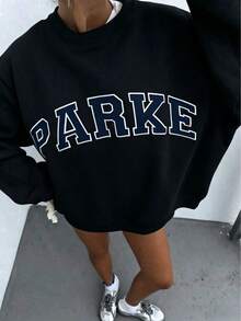 Women's Casual "PARKE" Letter Print Loose Pullover Sweatshirt, Encountering Lazy Fashion. - Black - View 3