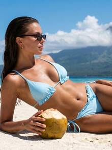 Women 2-Piece Swimsuits Cute Ruffles Tie Front Bikini Bra And Side Drawstrings Thong Sets For Bathing Suit - Blue - View 3