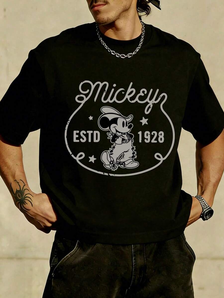 Unisex Disney 1928 Cowboy Mickey Tee, Retro Print, Casual Fit, Simple & Cool. - 黑色 - 查看 1