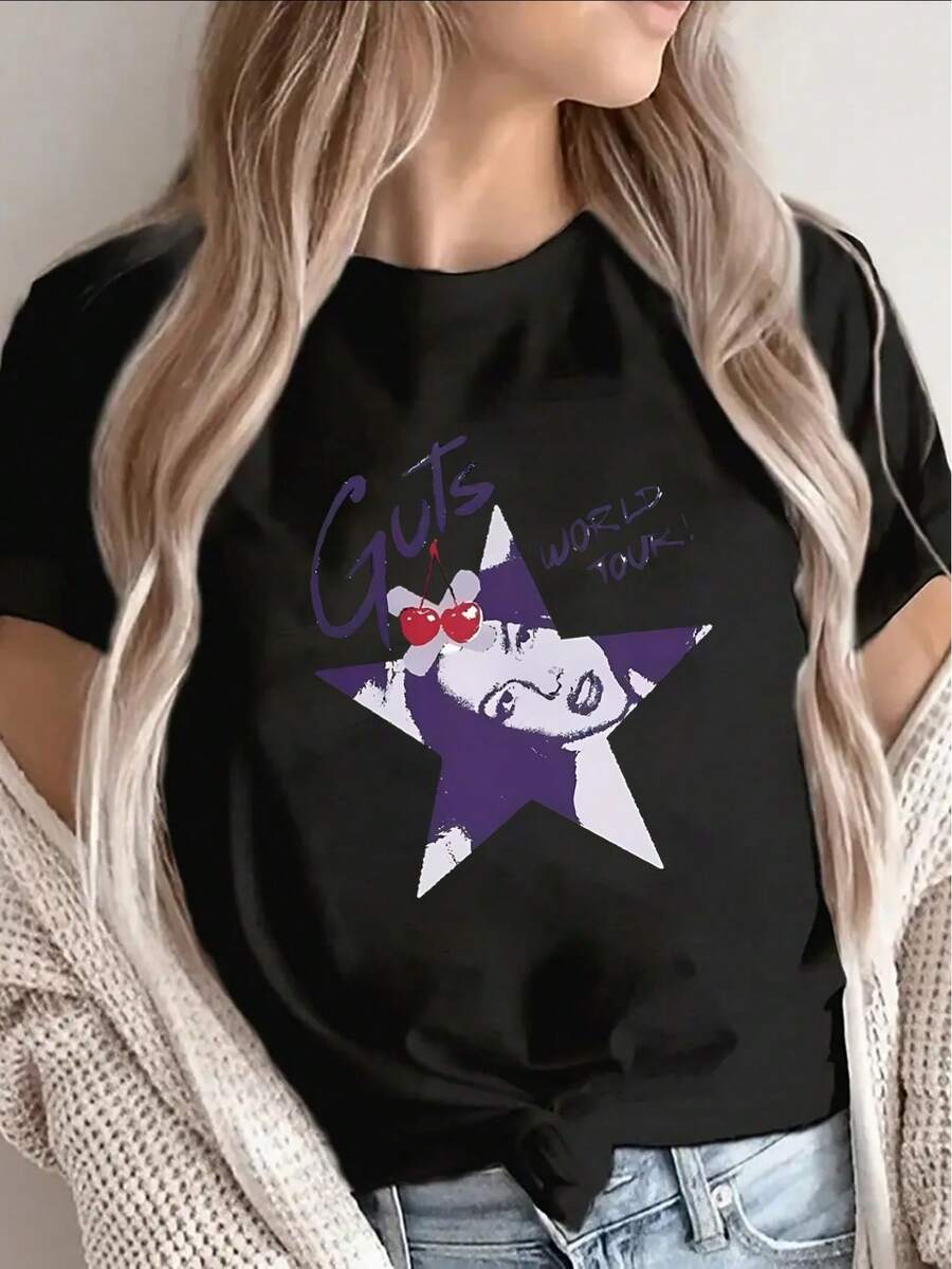 Soft, 100% Cotton, Black, Short-Sleeved T-Shirt With A Star Print And Guts World Design. Lightweight And Durable, Perfect For Casual Wear At Home, Cafes, Or Outdoors. Its Comfortable Fit And Vibrant Design Make It Ideal For Everyday Wear. This Breathable Cotton T-Shirt Goes With Everything. - 黑色 - 查看 1