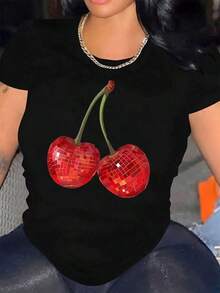 Camiseta de manga corta para mujer |   Enviado desde México |   Tela transpirable de alta calidad |   Camiseta holgada de manga corta para mujer con estampado en blanco y negro. Diseño de cerezas en mosaico rojo. Top casual deportivo de cuello redondo para el tiempo libre. - Negro - Ver 6
