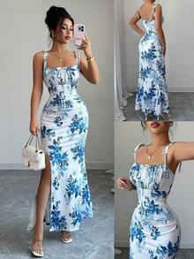 Nuevo vestido de mujer con tirantes de espagueti, lazo en la cintura, diseño de dobladillo fruncido y abertura, versátil para citas, fiestas y uso diario, favorecedora y elegante - Azul y blanco - Ver 3