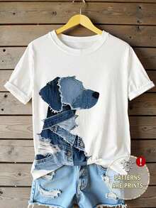 Personalized T-Shirt With Vintage Patchwork Puppy Print, Casual Short Sleeve Crew Neck T-Shirt For Women, Suitable For Everyday Wear - Loose Fit Cotton Short Sleeve Crew Neck T-Shirt, Vintage Urban Style - 白色 - 查看 6