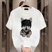 1 ANDI Cool French Bulldog Print T-Shirt, 100% Cotton, Lightweight, Breathable, Loose Fit, Unisex, Short Sleeve, Summer, Fade-Resistant, Casual Urban Style, Ideal For Couples, Suitable For Everyday Wear, Available In Sizes S-3XL. Cute Blouses 100% Cotton - 白色的 - 查看 1