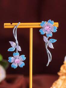 1 Pair Symmetrical Blue Turquoise And Pink Cubic Zirconia Long Flower Leaf Shape Dangle Drop Earrings For Women Daily Party Engagement - Turquoise - View 2