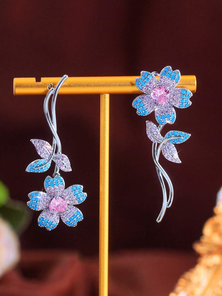 1 Pair Symmetrical Blue Turquoise And Pink Cubic Zirconia Long Flower Leaf Shape Dangle Drop Earrings For Women Daily Party Engagement