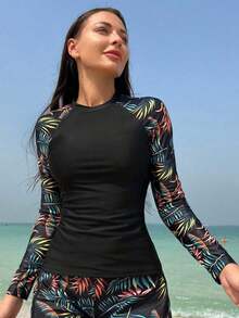 Swim SPRTY Top de tankini con mangas raglán, bloque de color e impresión tropical de playa de verano (1 pieza de top solamente) - Multicolor - Ver 1