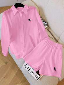 Conjunto de camisa de manga larga a rayas de un solo pecho y pantalones cortos versátiles de estilo vintage casual - Rosa - Ver 5