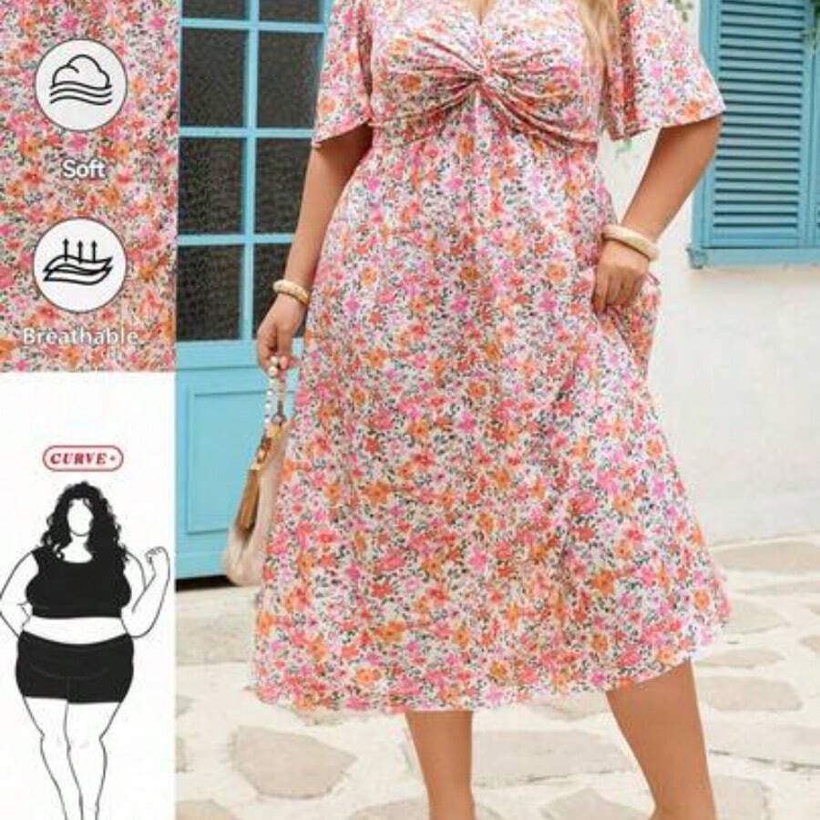 CURVE+ Plus Size Women's Floral Ruffle Short Sleeve Casual Vacation Dress, Summer Clothing - Rosa - Ver 1
