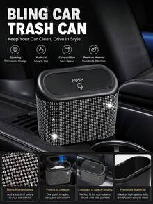 1pc Rhinestone Design Car Trash Can With Lid, Press-Type Car Trash Can For Storing Trash And Car Decoration, Includes 30 Trash Bags, With Back Clip For Hanging On Car Door Side, Shiny Car Trash Can - Style a - View 3