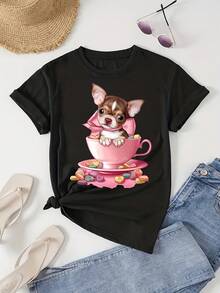 Nueva Moda Camiseta de Manga Corta Pura para Mujer, Cuello Redondo con Estampado de Perro Lindo - Negro - Ver 6