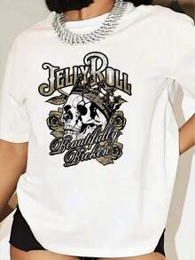 SimpieAndVersatileDesignCamiseta gráfica retro para mujer, estilo casual con cuello redondo y mangas cortas, con diseño de calavera y corona, ideal para primavera y verano.CottonT-Shirt - Blanco - Ver 2