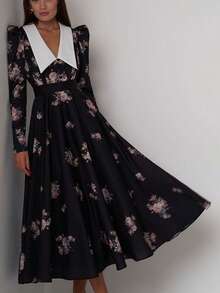 Vestido largo estampado vintage primavera 2026, cintura ajustada y corte amplio elegante - Negro - Ver 2