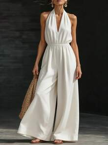 Mono nuevo de verano para mujer, de diseño, elegante, estilo francés, top halter de cuello V, perfecto para oficina, looks de día y ocasiones informales, favorecedor - Blanco - Ver 5