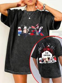 Camiseta de moda para mujer con estampado creativo de anime de estilo retro urbano, camiseta de mujer de alta calidad con efecto lavado, top vintage con aspecto desgastado, manga corta de cuello redondo y corte holgado, suave, cómoda y transpirable, ropa de mujer a la moda, exclusiva de Tingge. - Negro - Ver 7