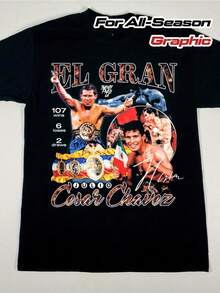 Camiseta de boxeo Julio César Chávez para hombre| Camiseta negra de cuello redondo con estampado gráfico oficial de 106 victorias y 4 derrotas, con diseño de cinturón de torneo, ajuste cómodo para todas las estaciones, tejido de punto duradero, material transpirable, recuerdo deportivo, camiseta con temática de boxeo. Adecuada para fiestas y uso diario, perfecta para vacaciones y tiempo de juego, ideal para fiestas y vacaciones familiares, estilo urbano, moda moderna, atuendo de fiesta, ropa casual de verano. - Negro - Ver 1