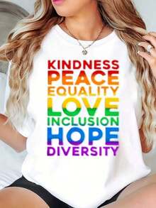 Women's T-Shirt With Rainbow Pride Print, Kindness, Peace, Equality, Love, Inclusion, Hope, Diversity, Casual Summer Style, 220g - 白色 - 查看 1
