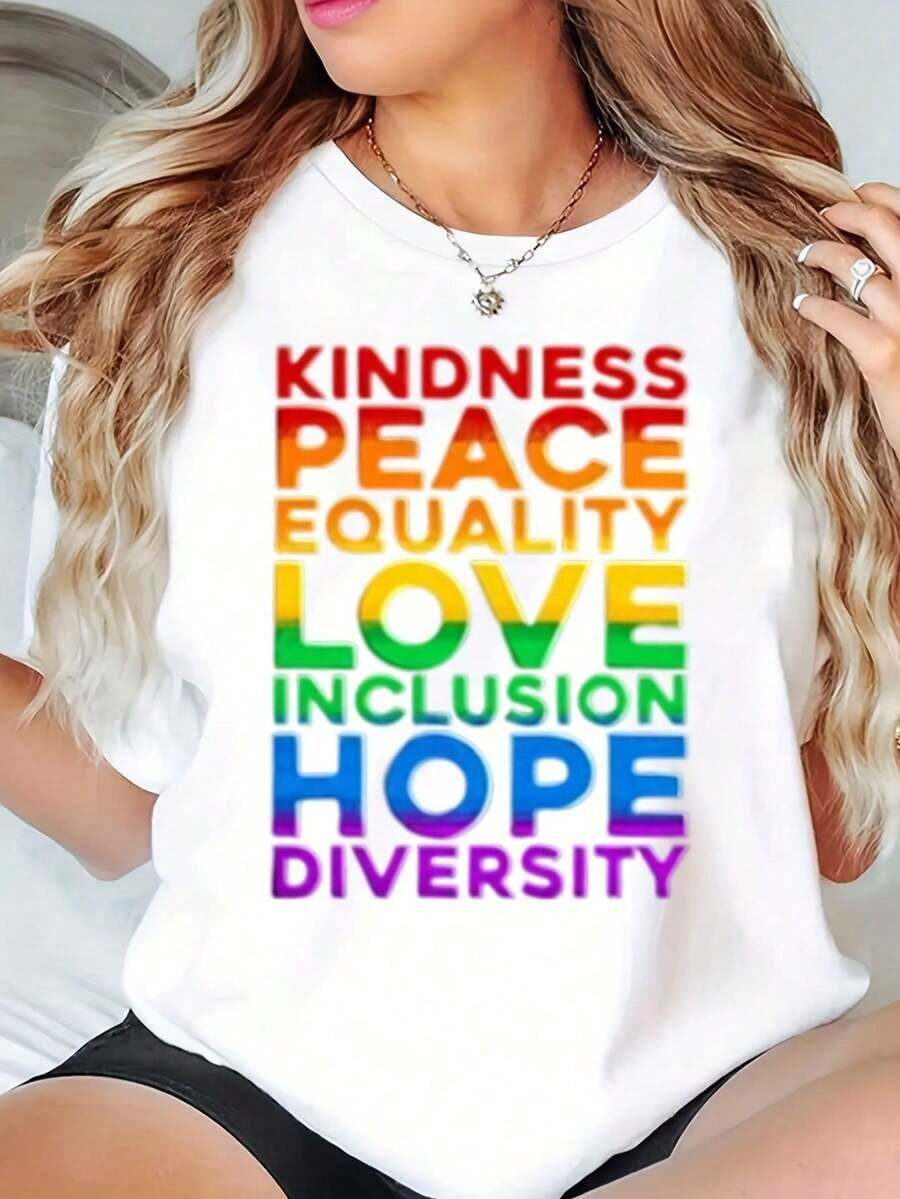 Women's T-Shirt With Rainbow Pride Print, Kindness, Peace, Equality, Love, Inclusion, Hope, Diversity, Casual Summer Style, 220g - 白色 - 查看 1