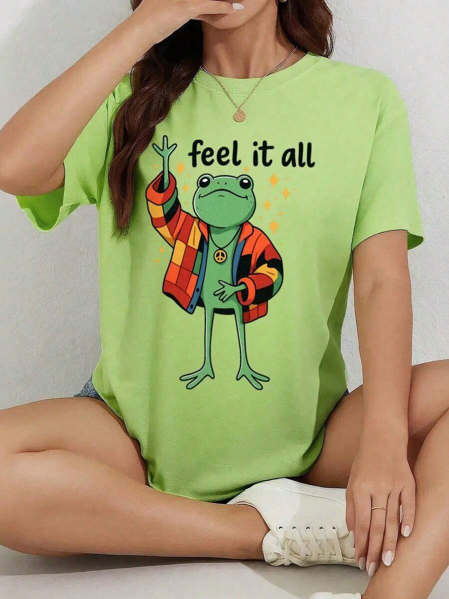 And Women's T-Shirt, Funny Frog With Coat, Graphic Tee - Frog Print And "Feel It All" Slogan, Loose Fit, Crew Neck, Short Sleeve For Everyday Wear Men's T-Shirt Tops Sweatshirts For Women Y2k T-Shirt Shirt - 白色 - 查看 1