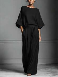 Linen Set With Bell Sleeves, Elegant And Modern Style, New Spring-Summer 2026 Collection For Women - Black - View 1