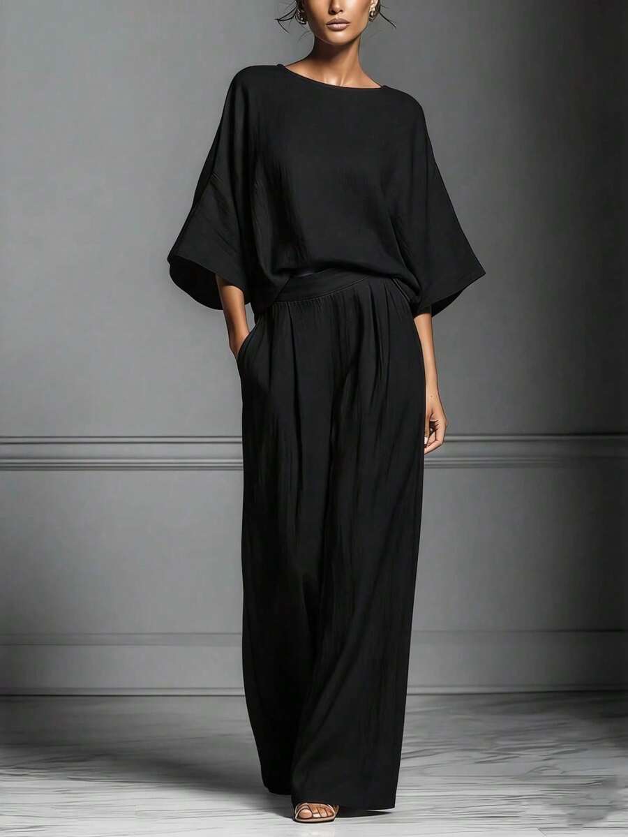 Linen Set With Bell Sleeves, Elegant And Modern Style, New Spring-Summer 2026 Collection For Women - Black - View 1