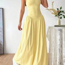 French Deep V-Neck Backless Tie Waist Pleated Dress, Sexy - Verde - Ver 5