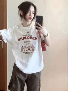 Camiseta de manga corta para mujer estilo Y2K con estampado de letras, camiseta casual holgada de estilo dulce para mujer - Blanco - Ver 1