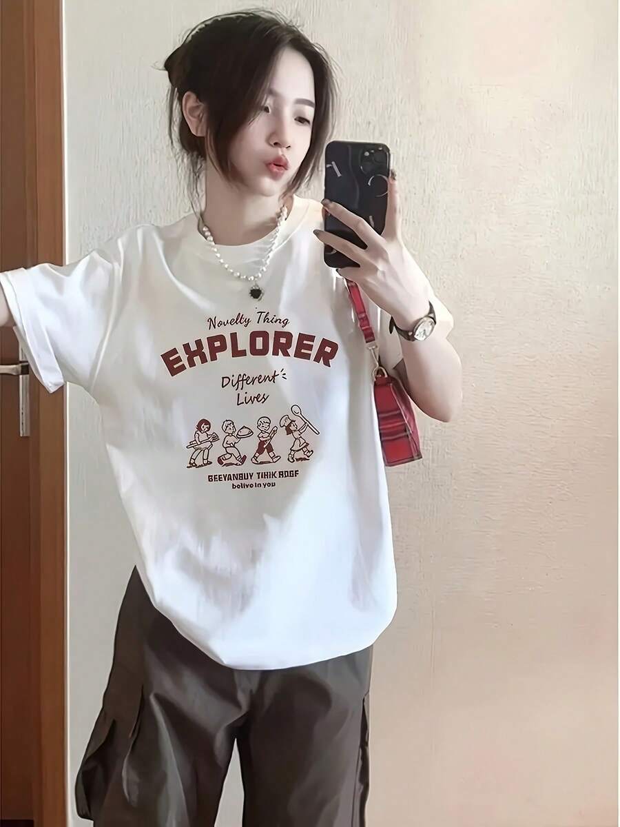 Camiseta de manga corta para mujer estilo Y2K con estampado de letras, camiseta casual holgada de estilo dulce para mujer - Blanco - Ver 1