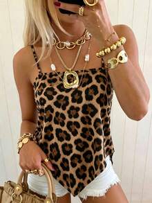 Top de camisola de estilo bohemio casual y elegante para mujer, top de satén con estampado de leopardo sexy, adecuado para vacaciones en la playa, uso diario y uso para fiestas - Marrón - Ver 1