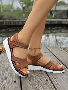 Fairy Style Summer New Casual Versatile Fashion Platform Waterproof Thick Bottom Slippers, Large Size Women's Shoes Wholesale, Open Toe Minimalist Holiday Beach Slides, Fabric Hook And Loop Design - Brown - View 4
